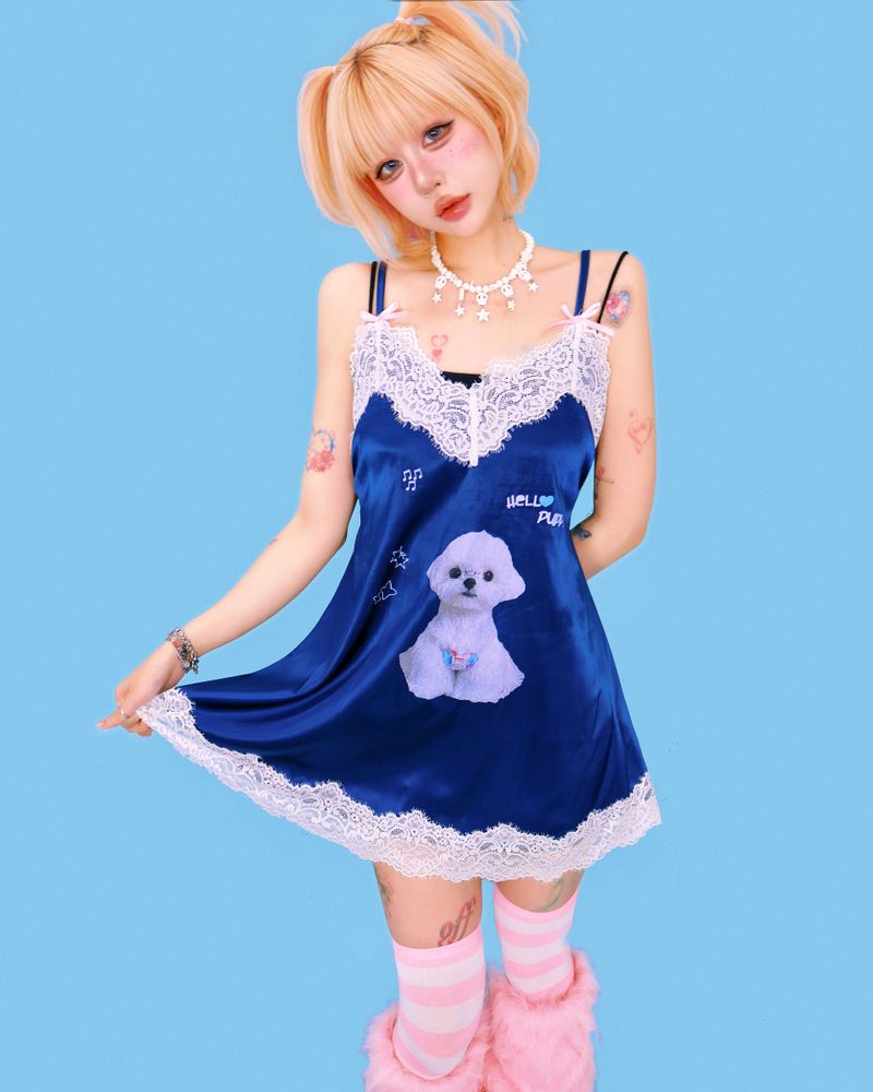 puppy lace slip-dress