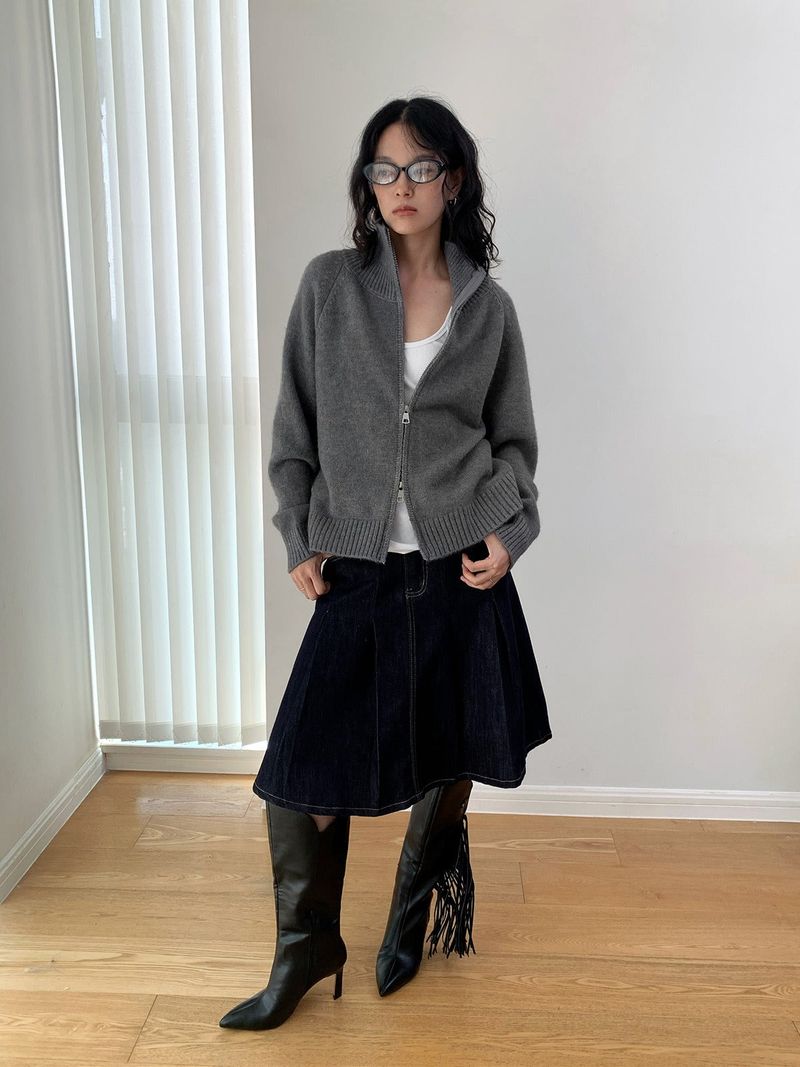 Stand Collar High Neck Zip-Up Long Sleeve Knitwear