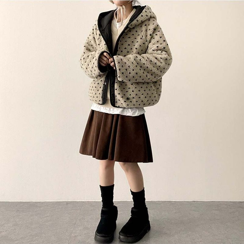 [Double-sided/Reversible*] PN Heart Pattern Fleece Hooded Jumper