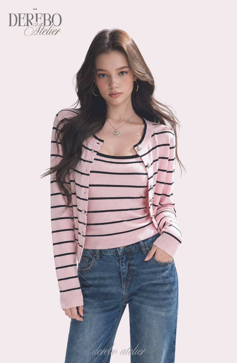 Pink Stripe Inner Cardigan Two-Piece Set