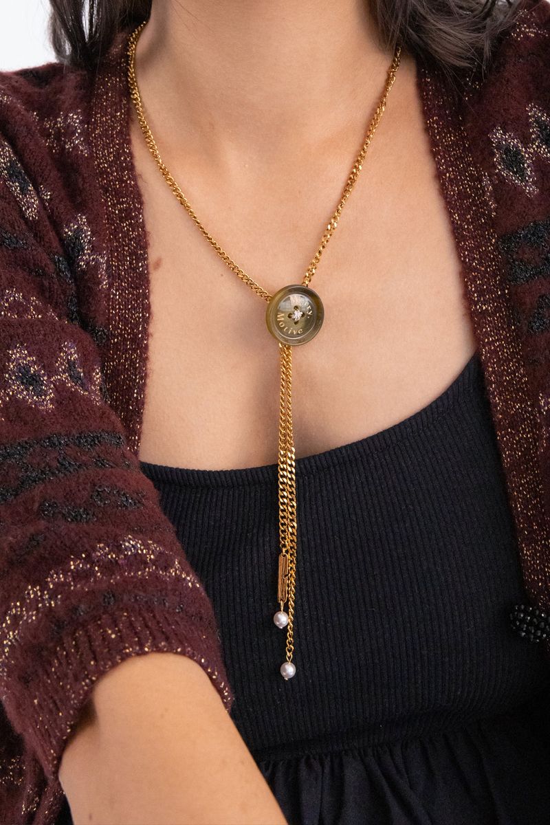 Button point bolo tie chain necklace (Khaki)