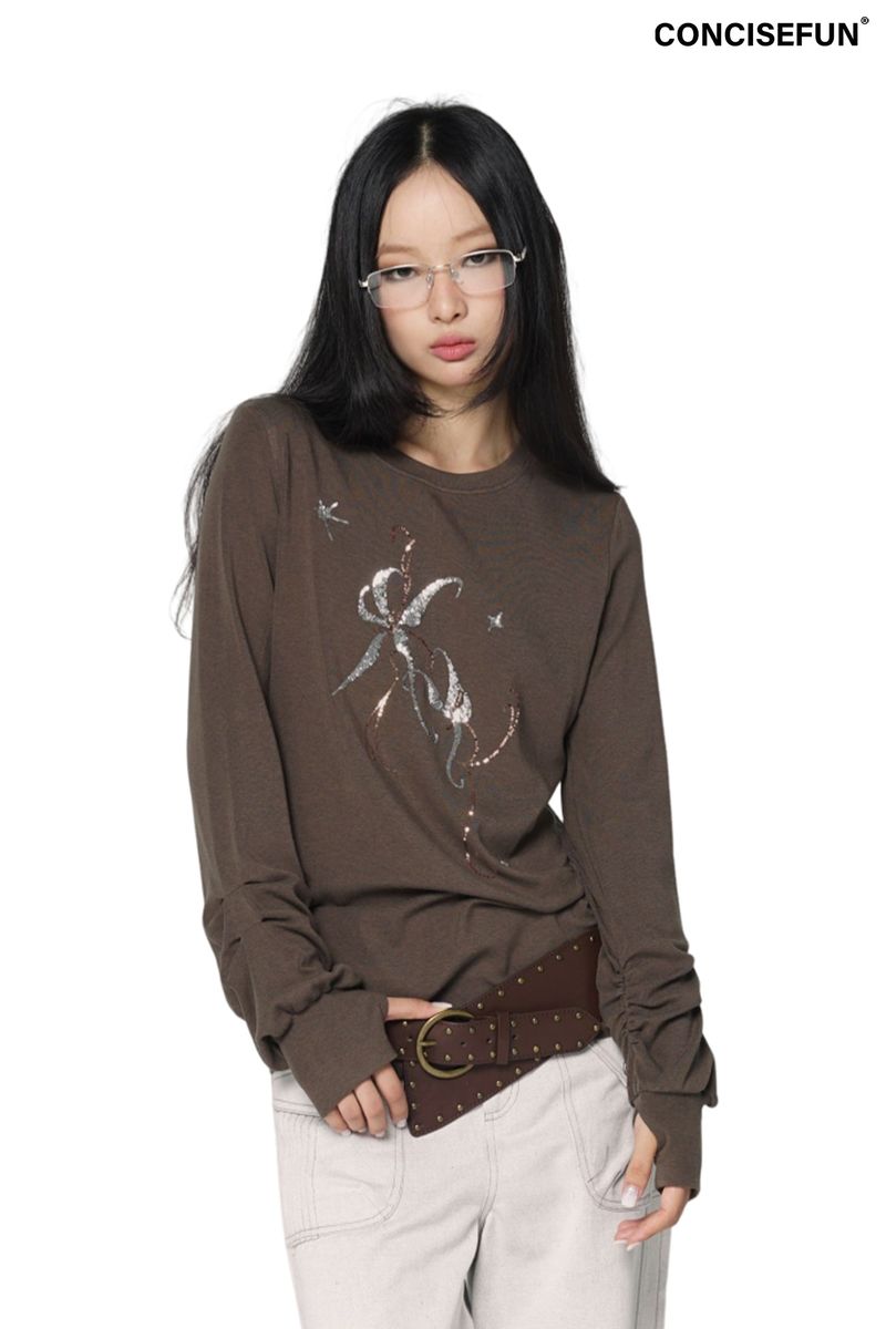 CONFUN（コンファン）の「CONFUN Lantern Sleeve Sequin Embroidered Pleated Round Neck Top（Tops）」