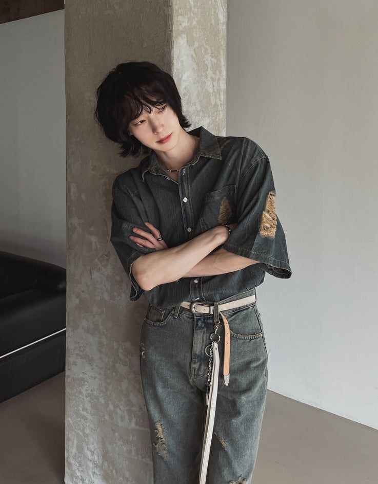 Summer shea damage washed denim half shirt