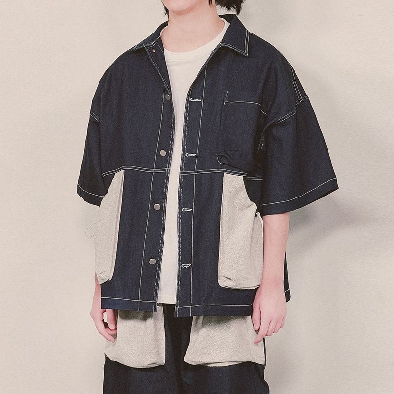 reverse terry pocket denim shortsleeve shirt_blue