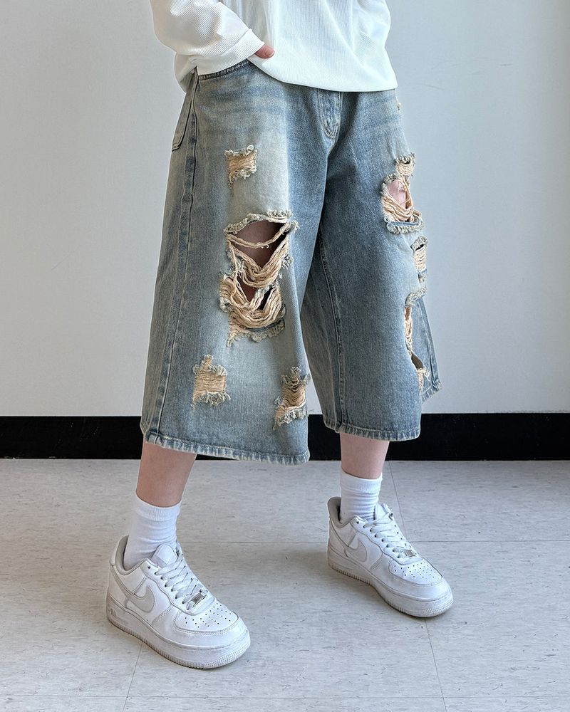Level-Distressed Bermuda Denim Shorts