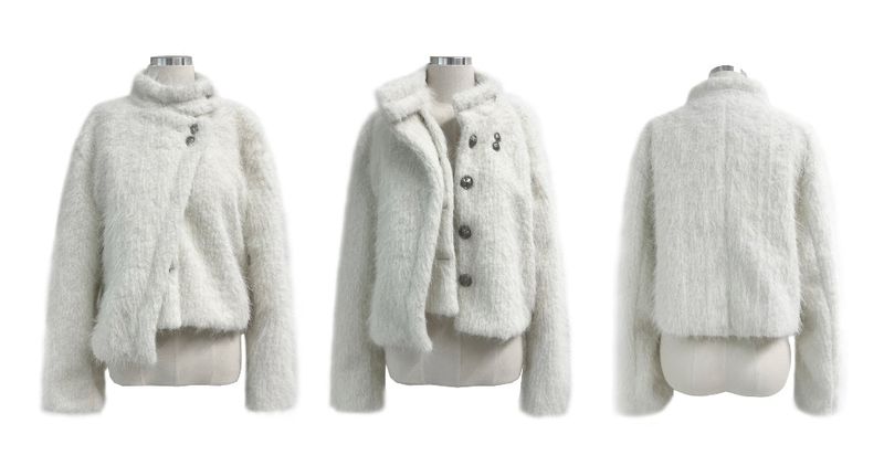 Classic Metal Wave Double Button High Neck Fur Coat (White)