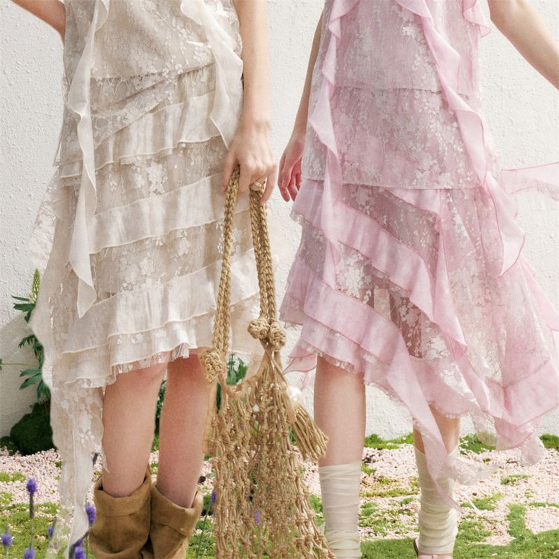 MAQI Frill Lace Asymmetrical Chiffon Resort Look Tiered Long Skirt