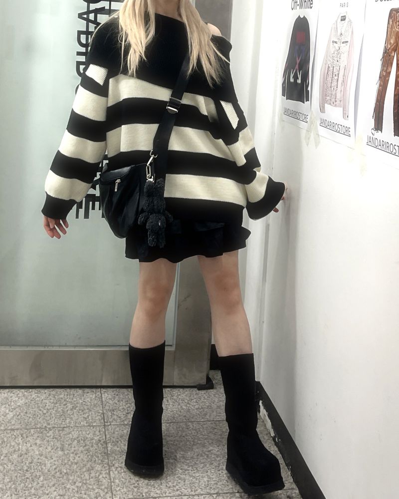 Off-shoulder Oversized Fit Stripe Knitwear