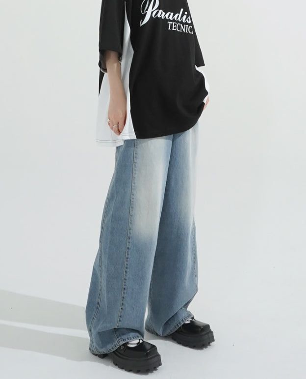 Side folding wide fit denim pants