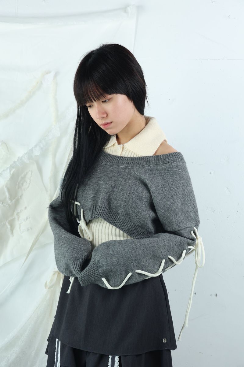 laceup ribbon knitset(gray)