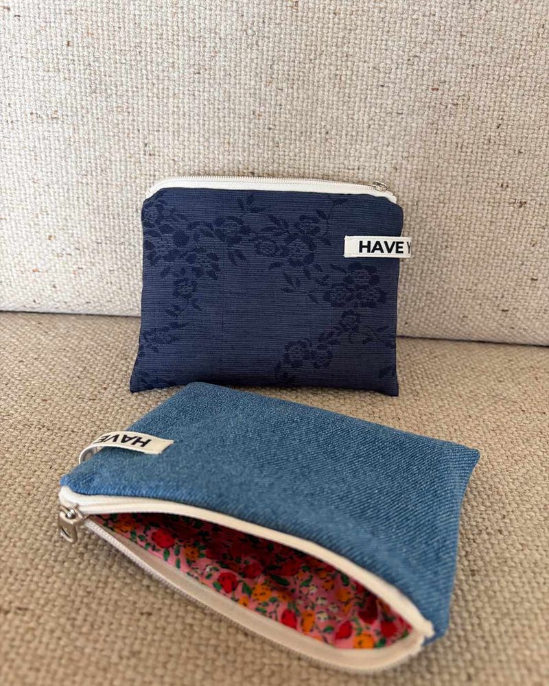 Denim & flower flat pouch - blue , M size