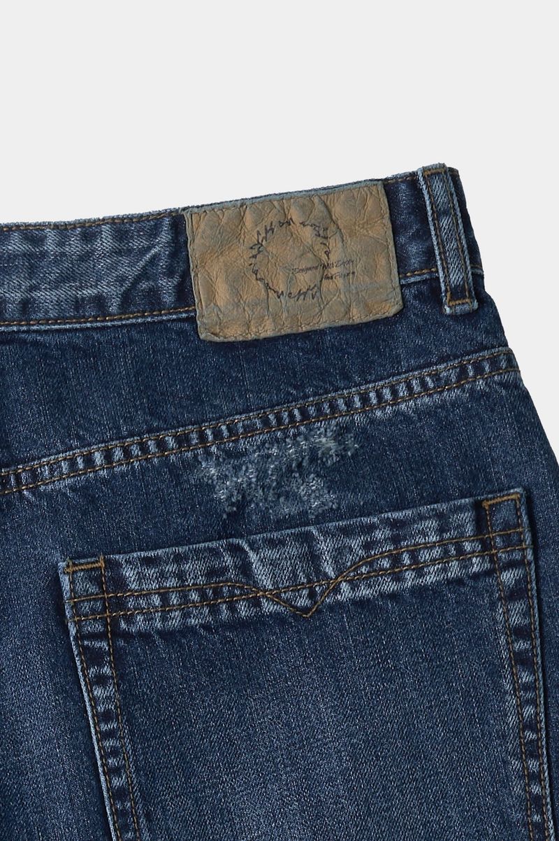 Loose Straight Biker Denim Pants (Washed Navy)