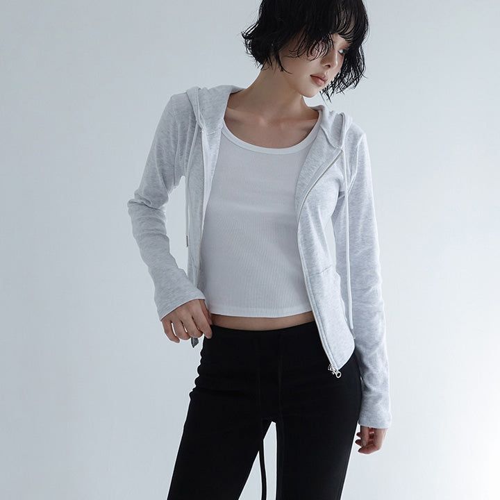 [Sohenti] スリム ロングスリーブ フード ジップアップ - 4カラー