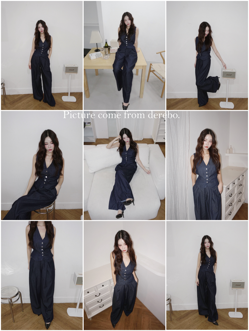Dark blue denim vest pants two-piece