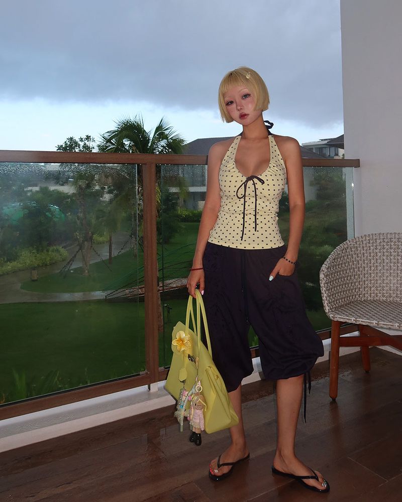 Button Big Pocket Bermuda Harem Capri Pants
