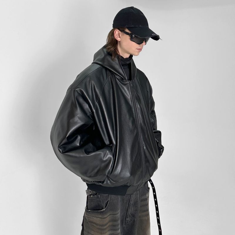 HOODED ARTIFICIAL LEATHER BOMBER JACKET