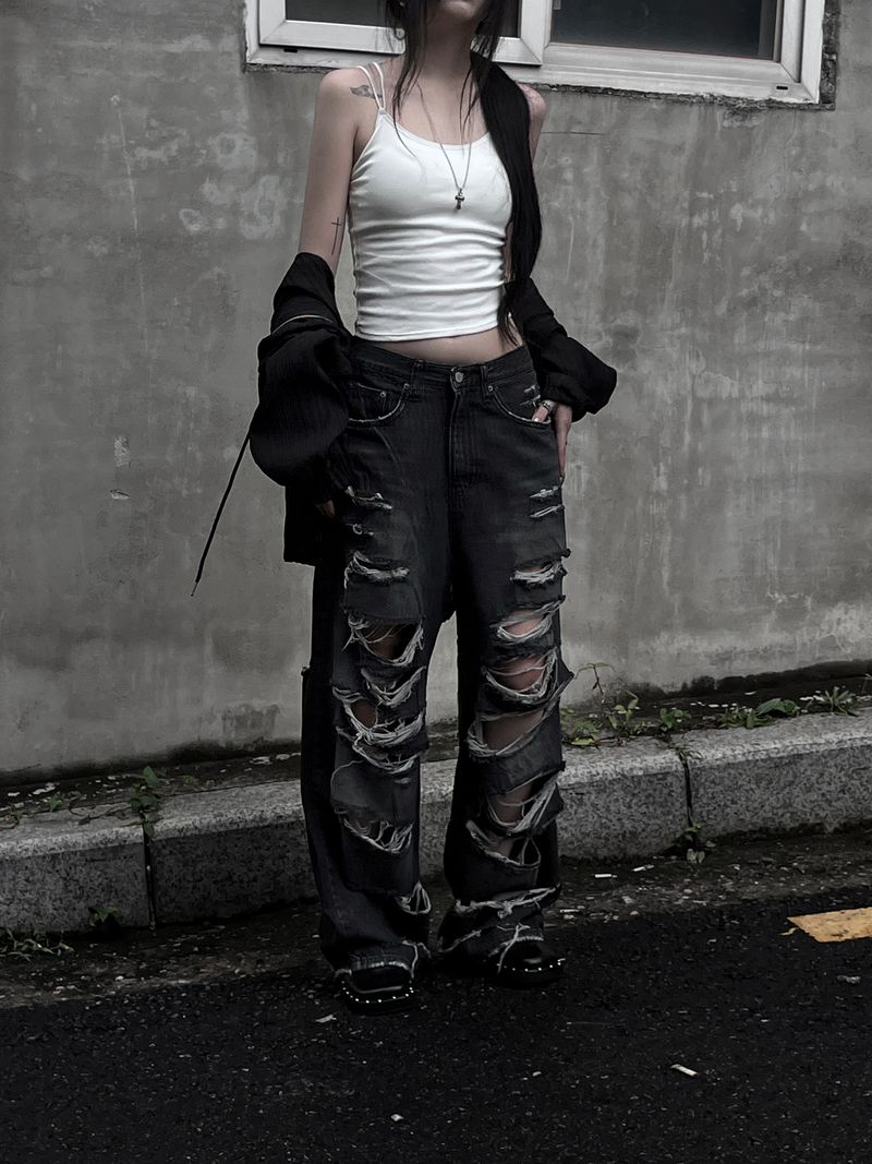 black destroyed wide denim