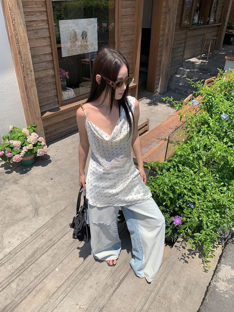 silk dot unbalanced sleeveless blouse top