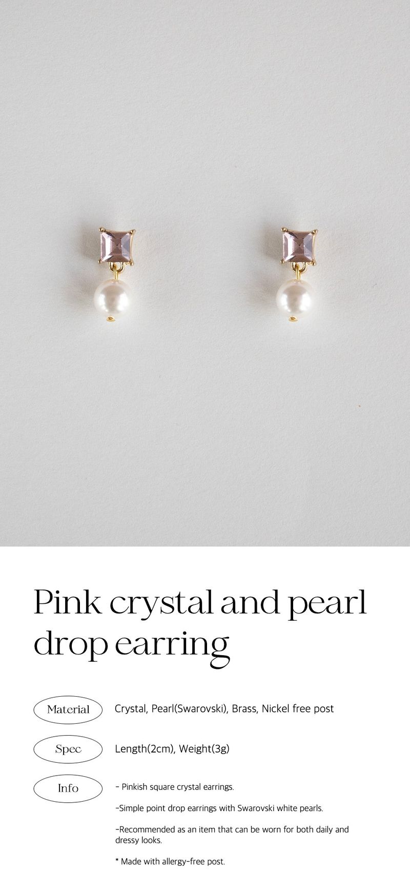 Pink crystal and pearl drop earring