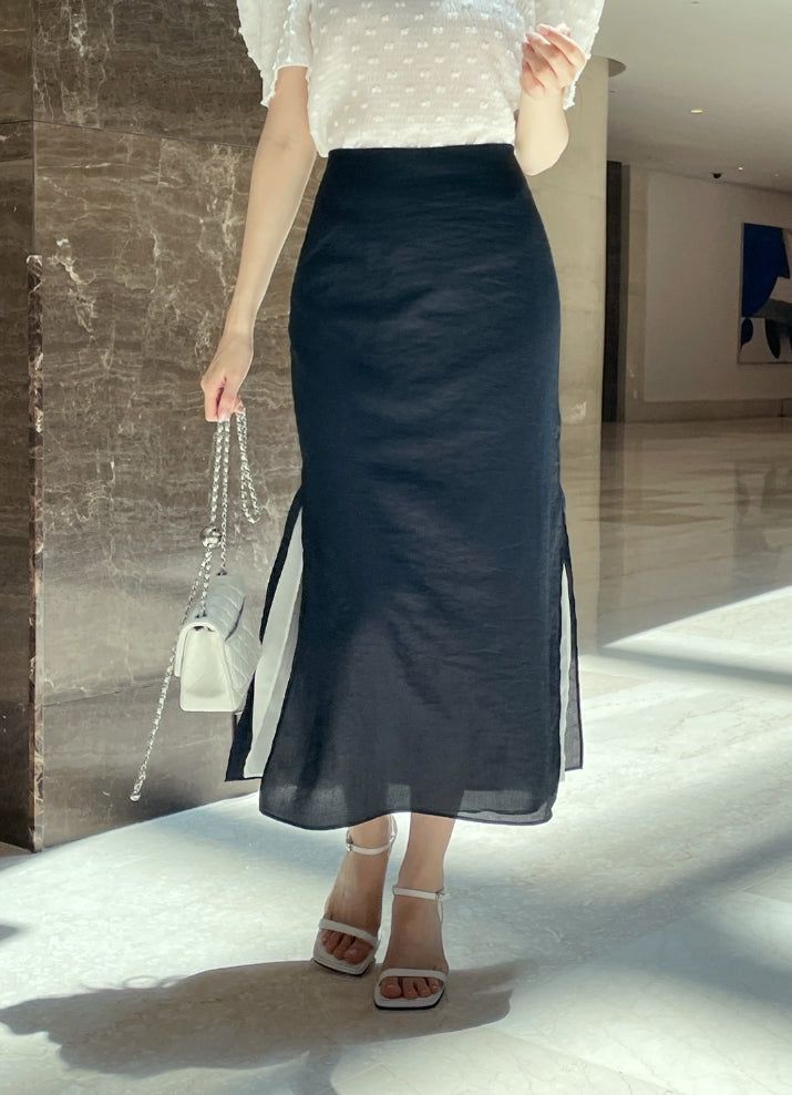 Color Matching Layered Slit Long Skirt