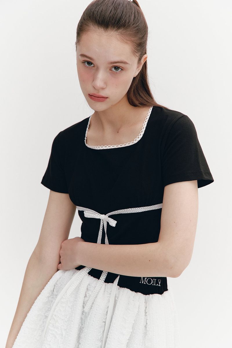 Lace Ribbon Shirring Top Black