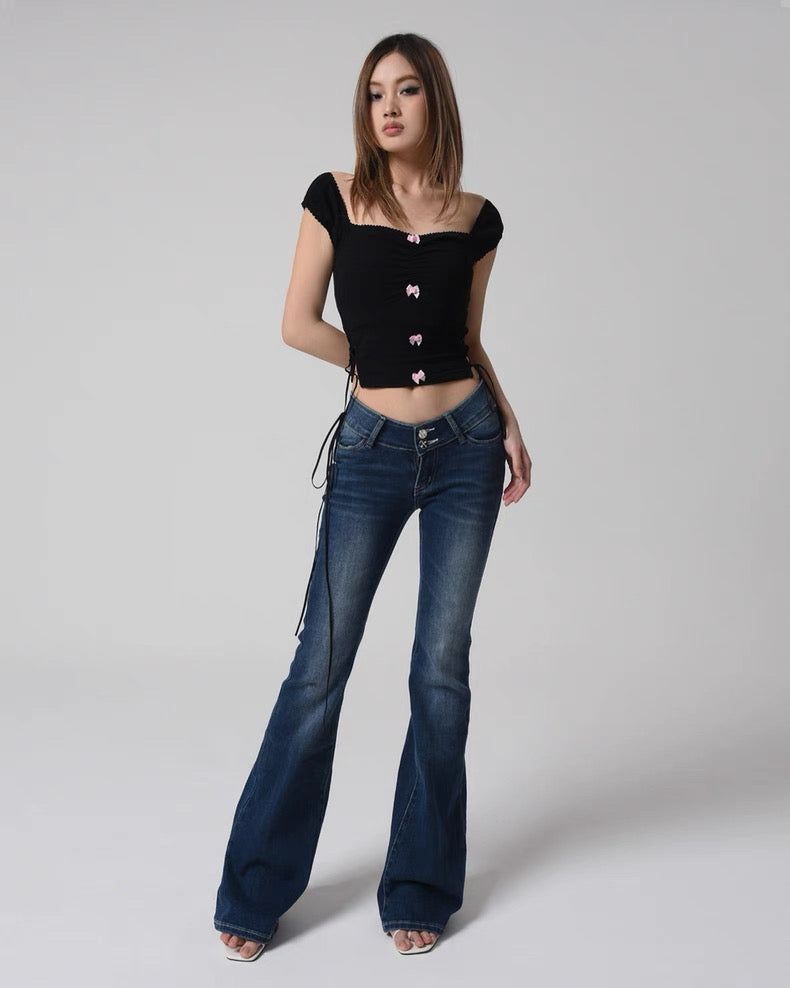 EatmePlz y2k Elastic Lace Low-Waisted Tight Dark Horn Jeans