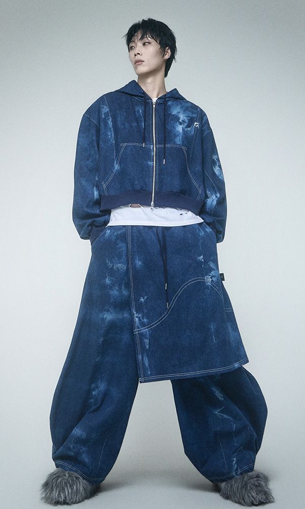 Pipe dyeing Denim Skirt pants Blue