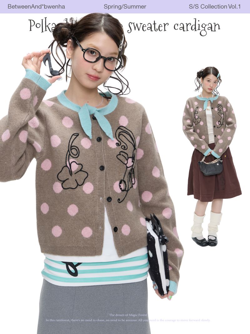 BETWEENAND（ビトゥウィーンアンド）の「BETWEENAND  Vintage-style autumn color-block tie polka-dot soft knit sweater cardigan for women（Tops）」