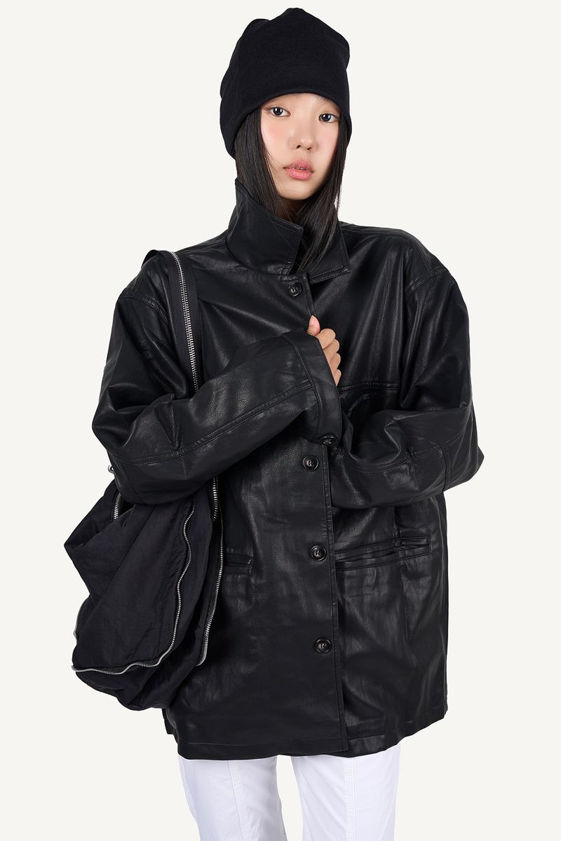 Over Fit Leather Car Coat