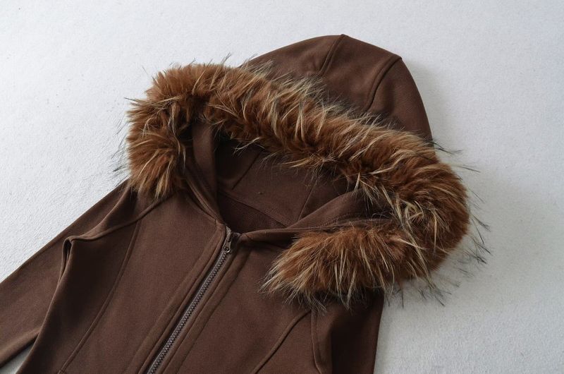 Fur-Trim Slim Hood Zip-Up
