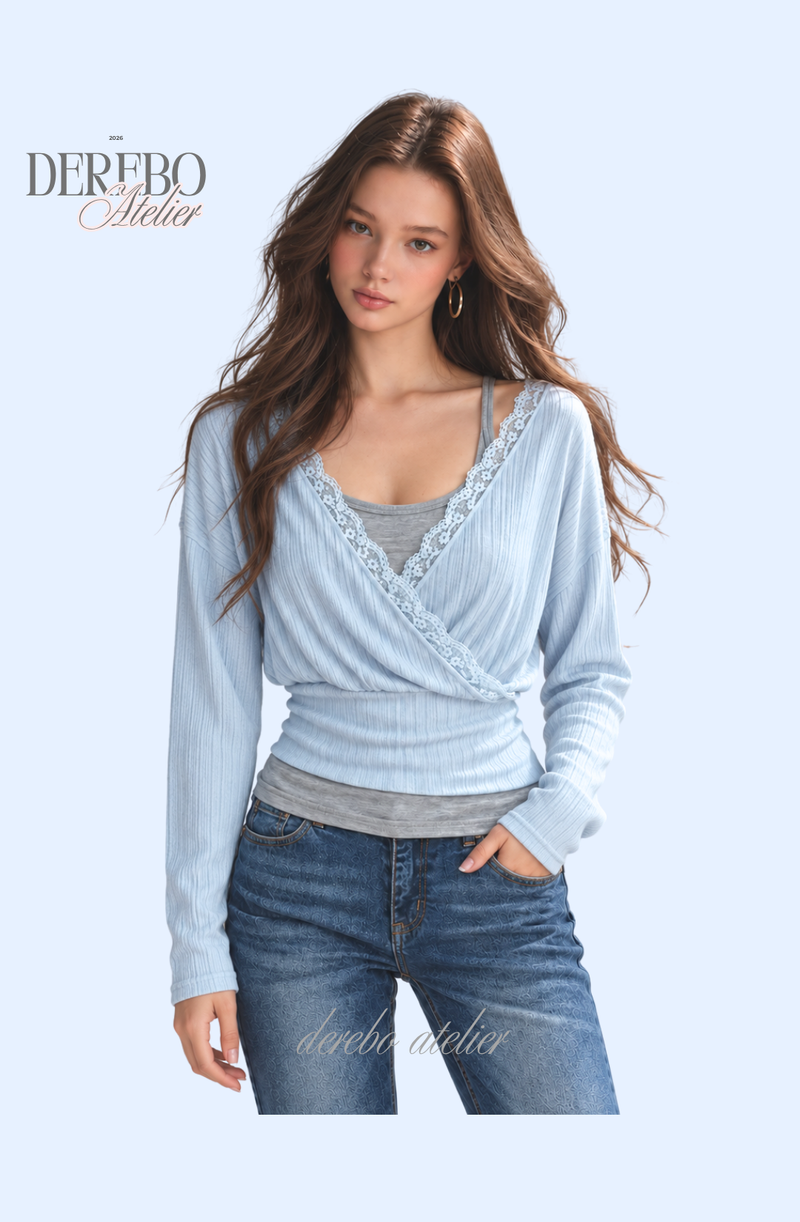 Gray Sky Wrap Layered Long Sleeve Top