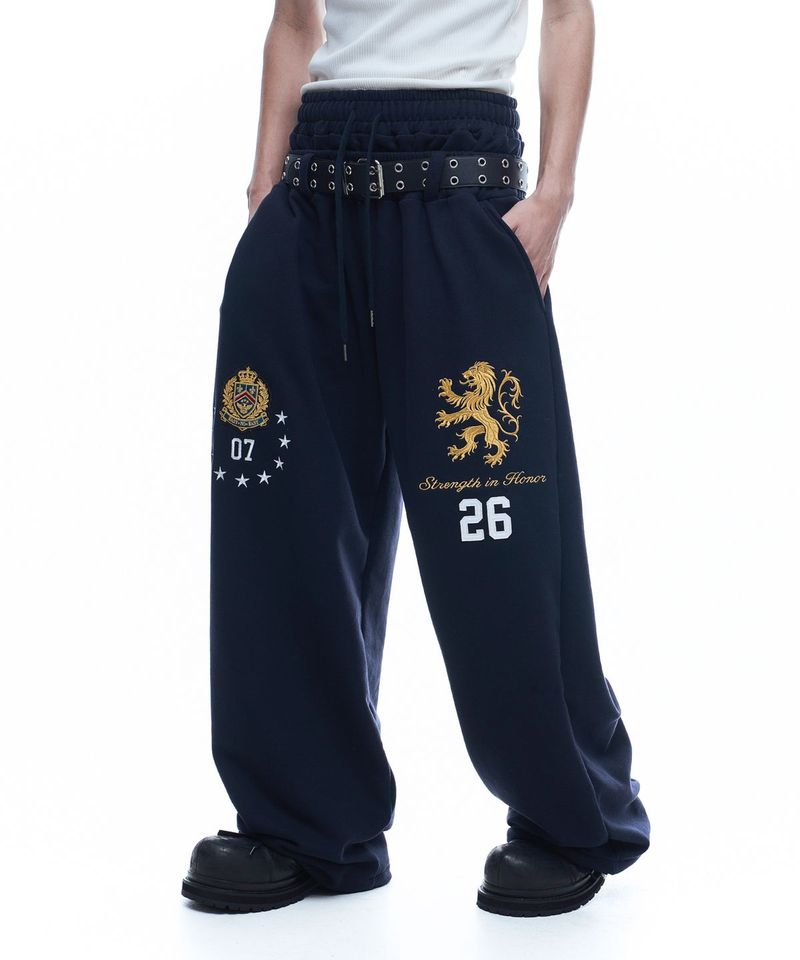 Heraldic Emblem Double-Waist Sweatpants - Navy