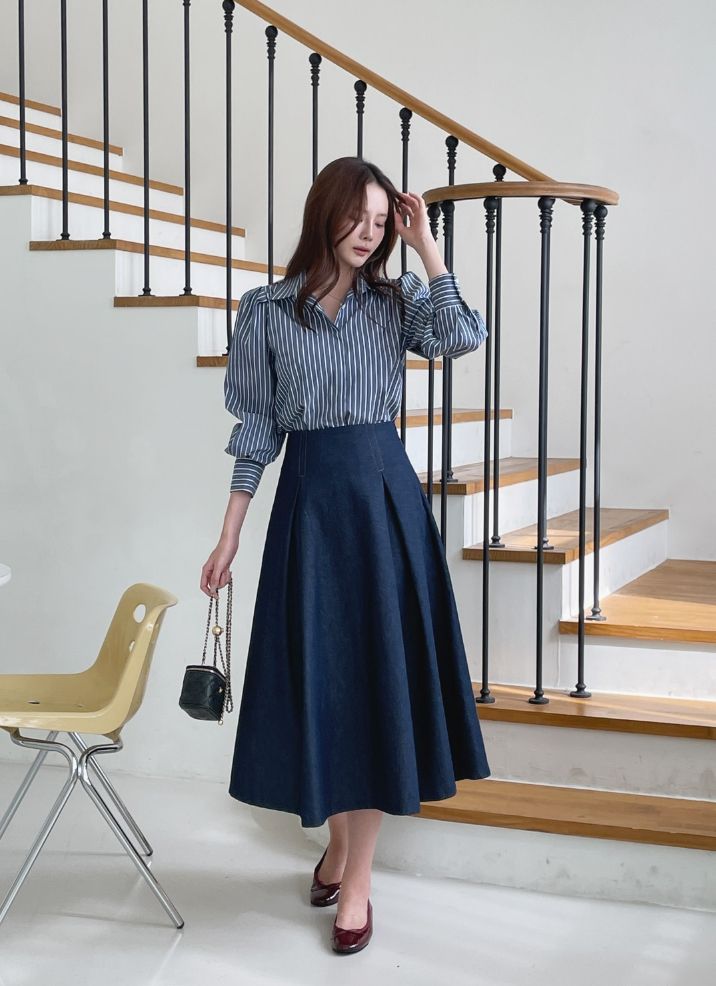 26FW★ Rodellson Puff Hidden Button Stripe Shirt