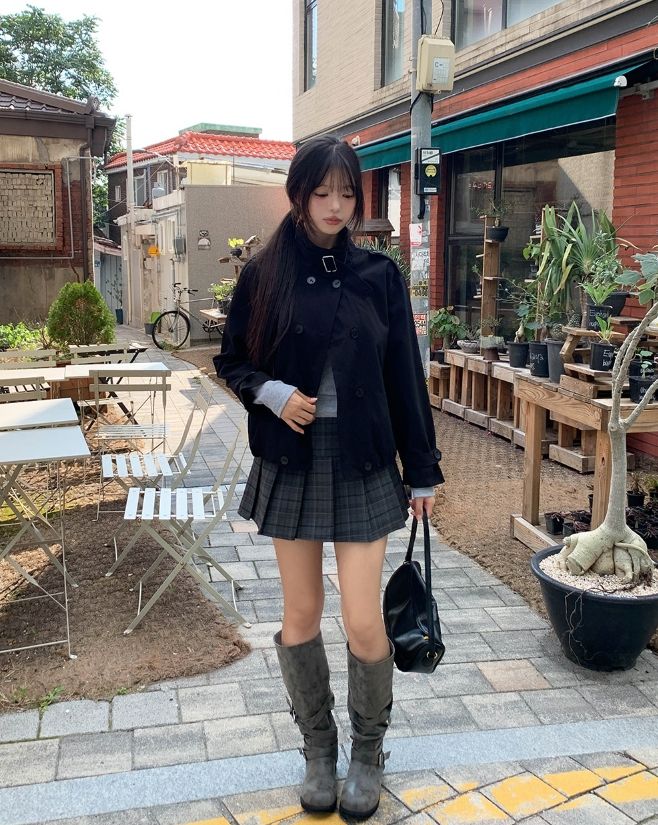 Cheed Check Button Pleated Mini Skirt