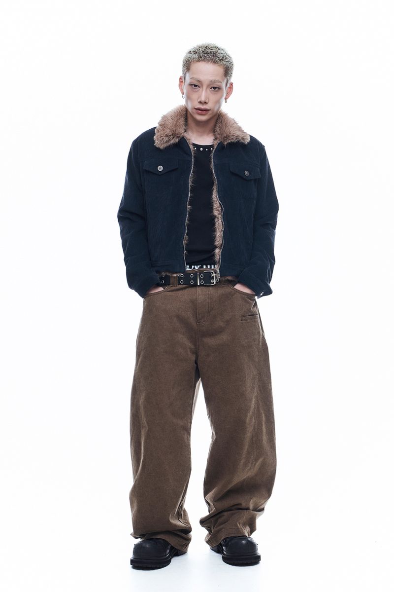 Fur Collar Corduroy Crop Jacket - Navy