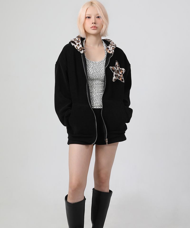 (기모) Leopard Patch Two-way Hood Zip-up