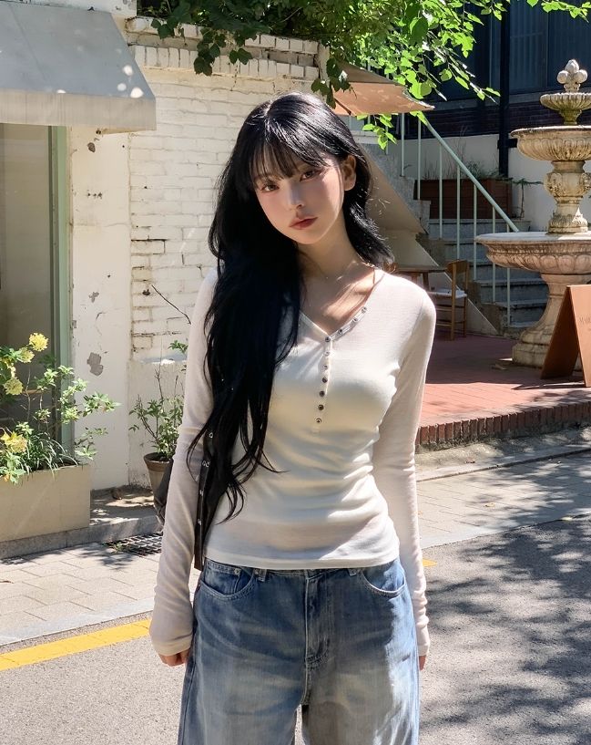 ピクシーボタンVネックスリムテンセルロングスリーブ