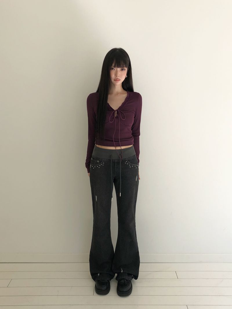 Menan Distressed Banding Bootcut Denim Pants