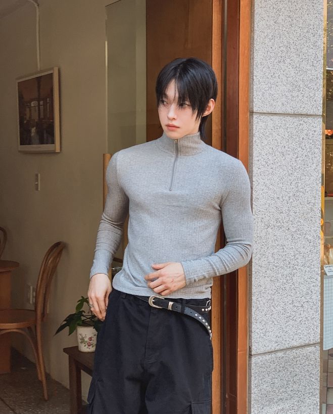 ファーノン リブド ハーフジップ マッスル ロングスリーブ ティーシャツ