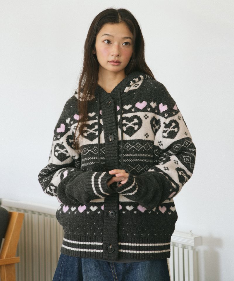 SKULL HEART NORDIC KNIT CARDIGAN CHARCOAL (CV2GFUK680A)