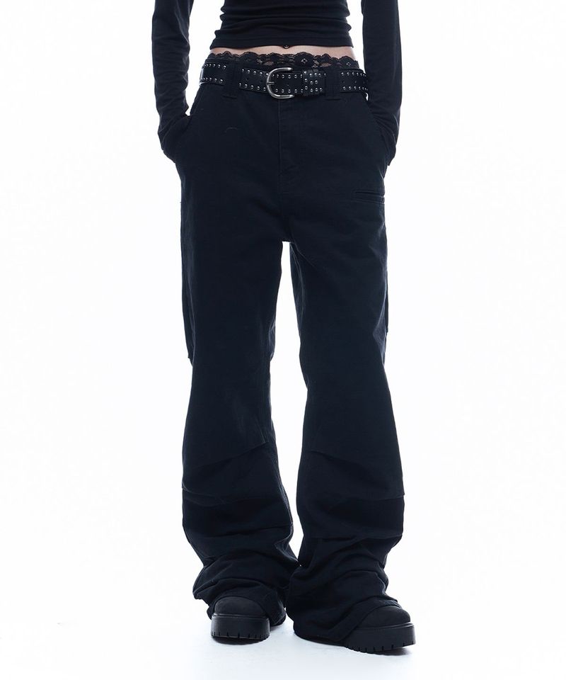Washed Multi-Pocket Semi-Flare Pants - Black