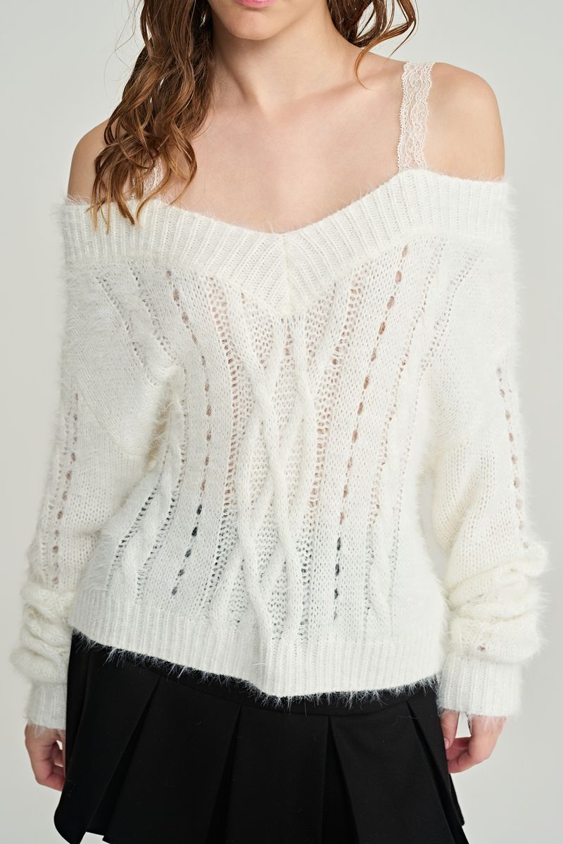 Rose milk fluffy lace knit, Ivory
