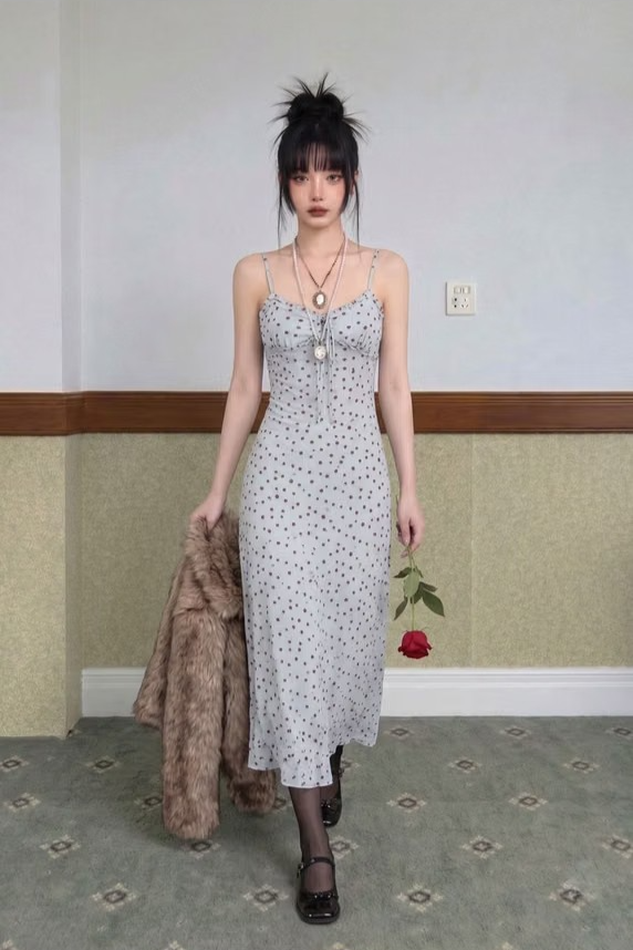 MISTY BLUE POLKA DOT SLIP DRESS