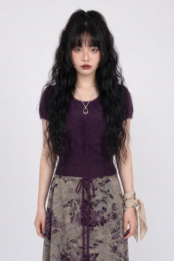 SHAGGY PUFF-SLEEVE KNIT (DEEP PURPLE)