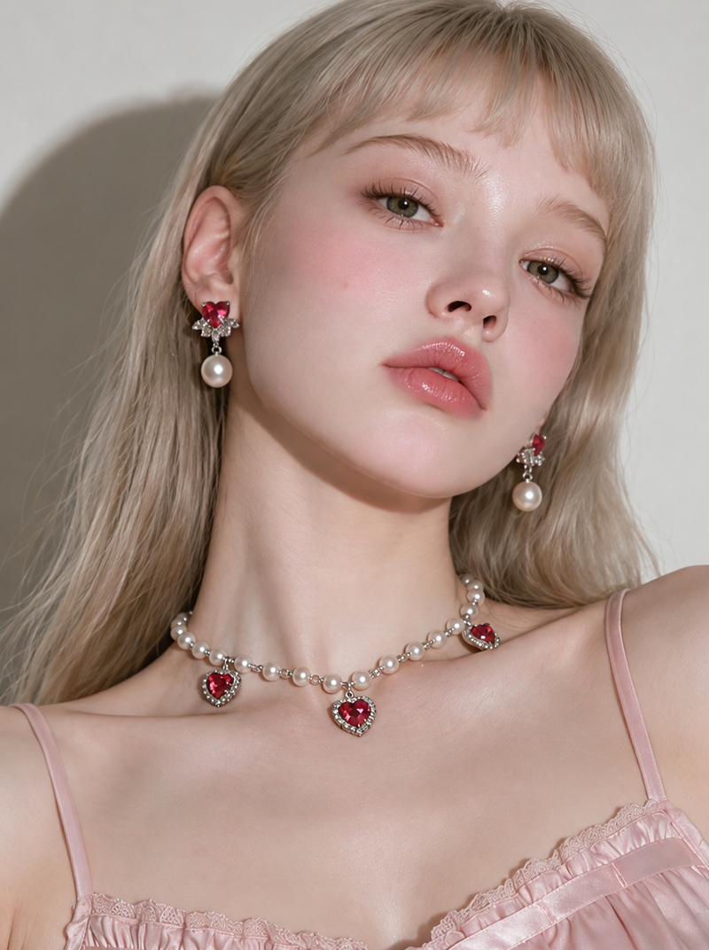 [IU Piercing] Heart Crystal and Pearl Piercing - Rosepink