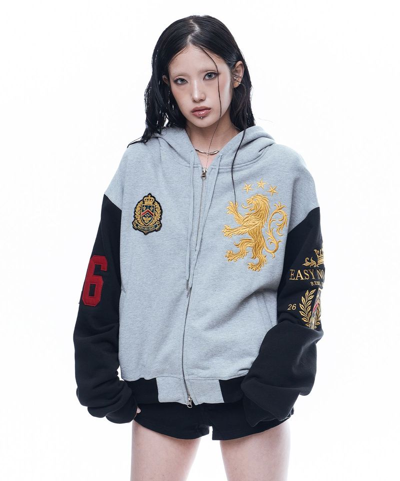Heraldic Emblem Crop Hoodie Zip-up - Gray