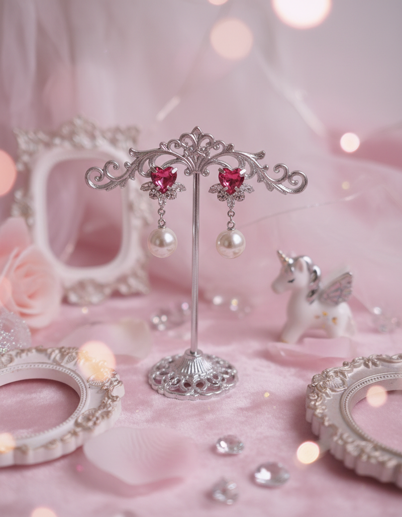 [IU Piercing] Heart Crystal and Pearl Piercing - Rosepink
