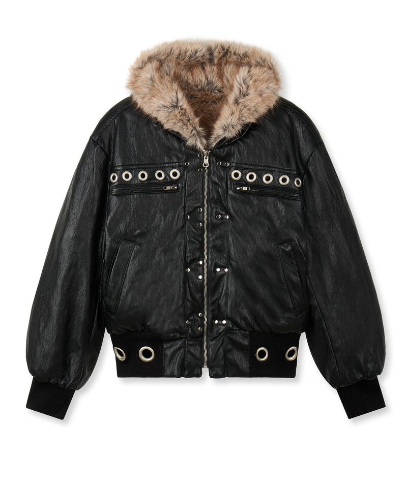 Leather Reversible Fur Crop Jacket - Black