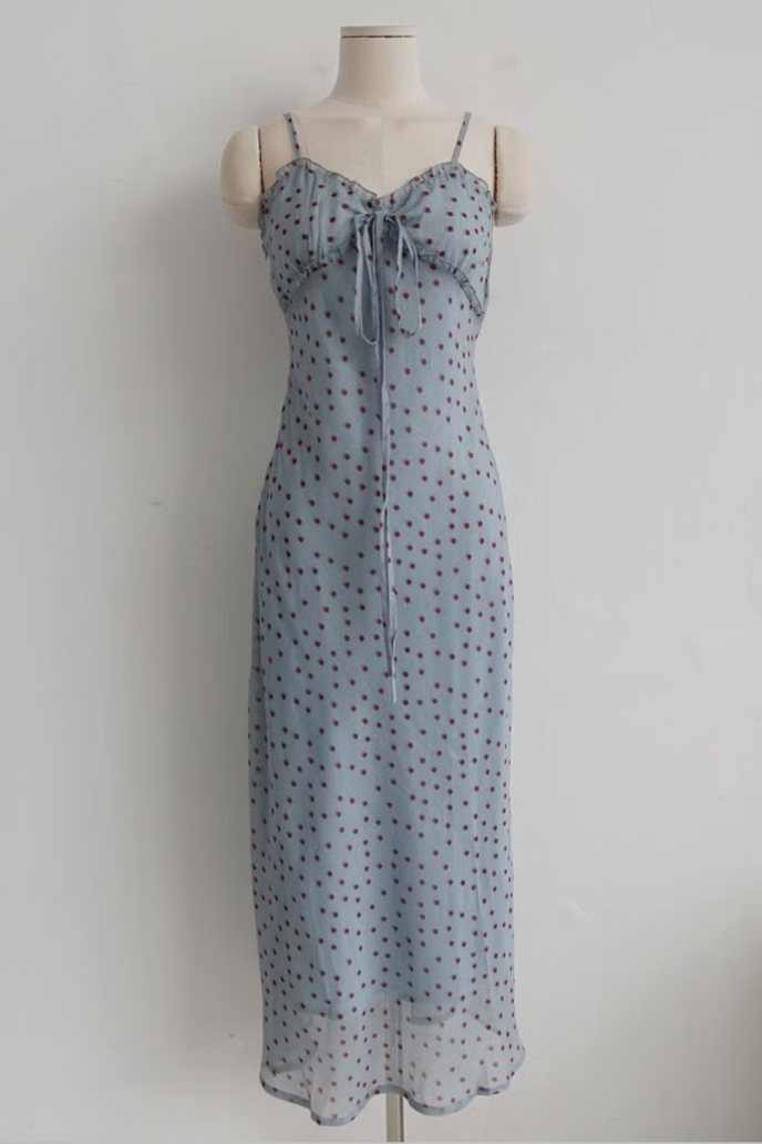 MISTY BLUE POLKA DOT SLIP DRESS