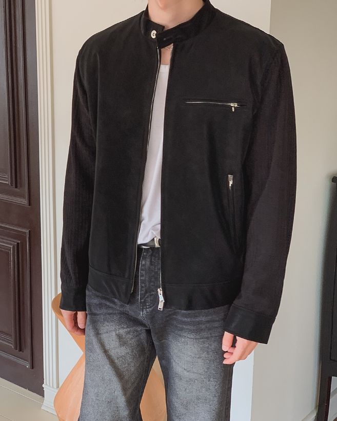 Ento Leather Knit Color Matching Rider Jacket